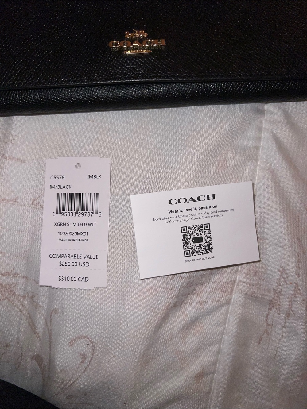 Coach Slim Black Trifold Pebbled Leather Long Wallet with Gold Logo - Picture 9 of 11